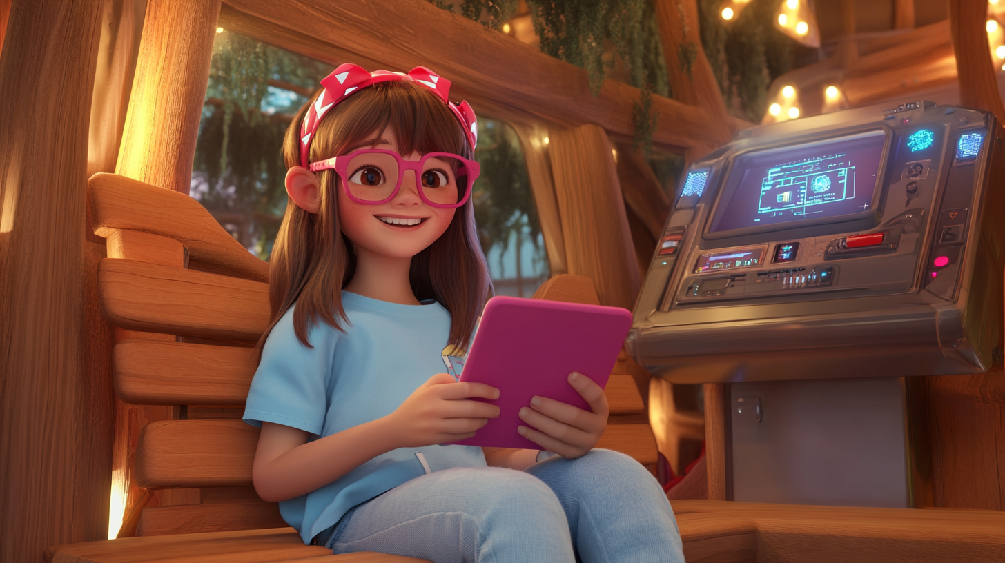 8-year-old girl in wooden treehouse spaceship, smiling with tablet.