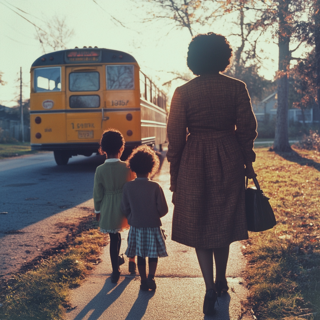 80's Black Mom Walking Kids to School Bus in Connecticut Sun