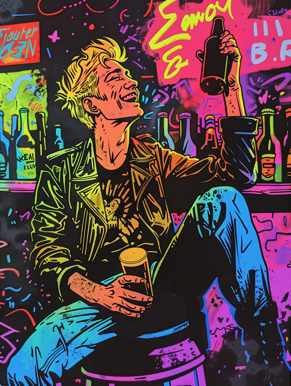 80's Man Enjoying Beer Under Neon Lights