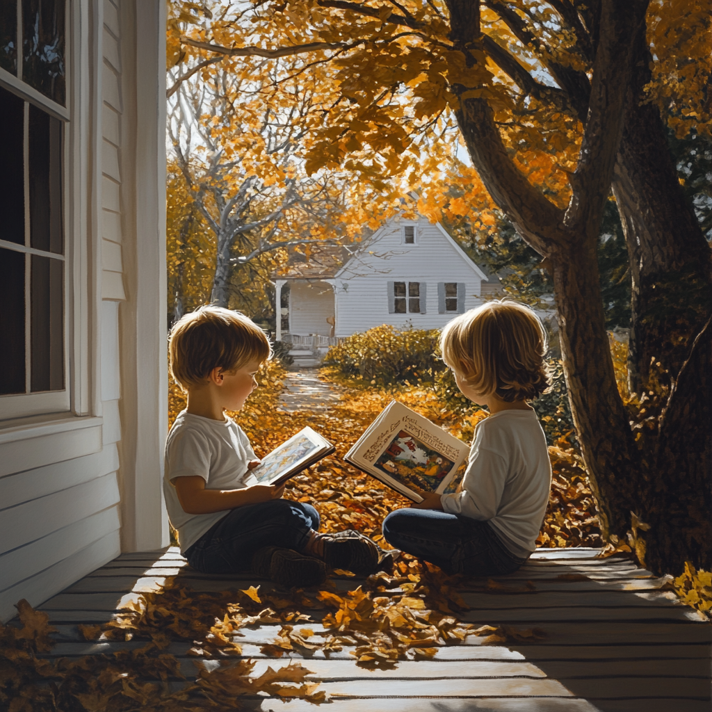 80s Childhood Siblings Reading Outdoors Peaceful Nostalgia