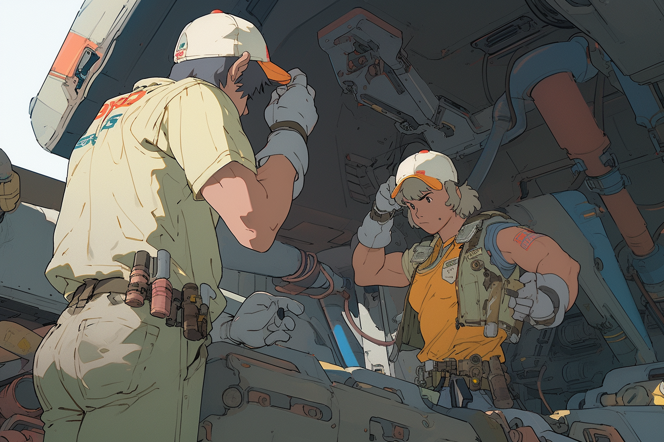 Male pilot fixing a Gundam in 80s anime style