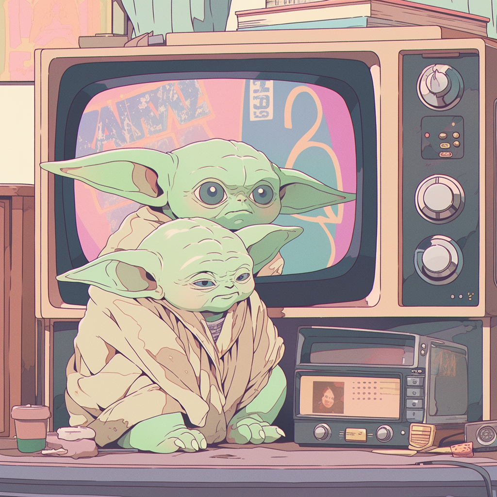 80s Anime Yoda in Muted Pastel Colors on CRT Television