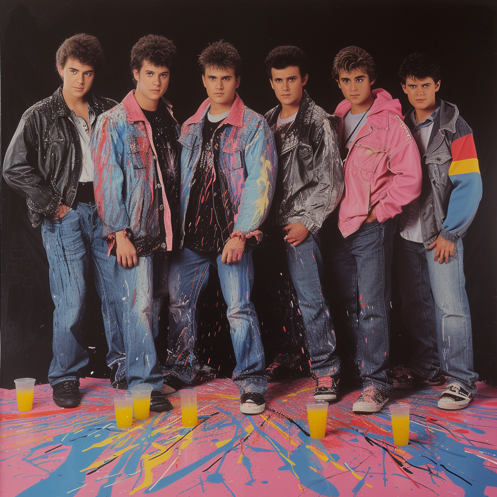 80s boy band poster with group photo and juice spill