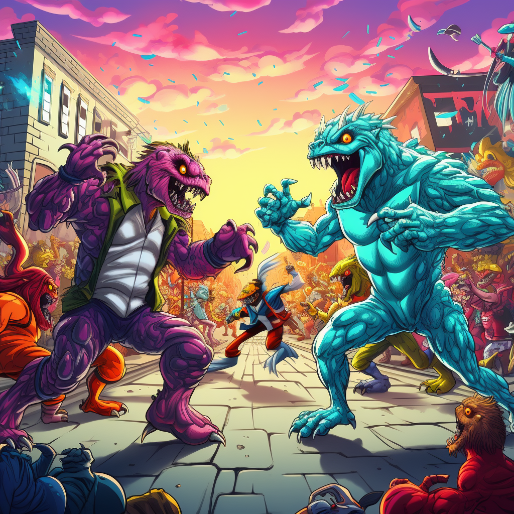 Friendly monsters wrestling in colorful 80s cartoon