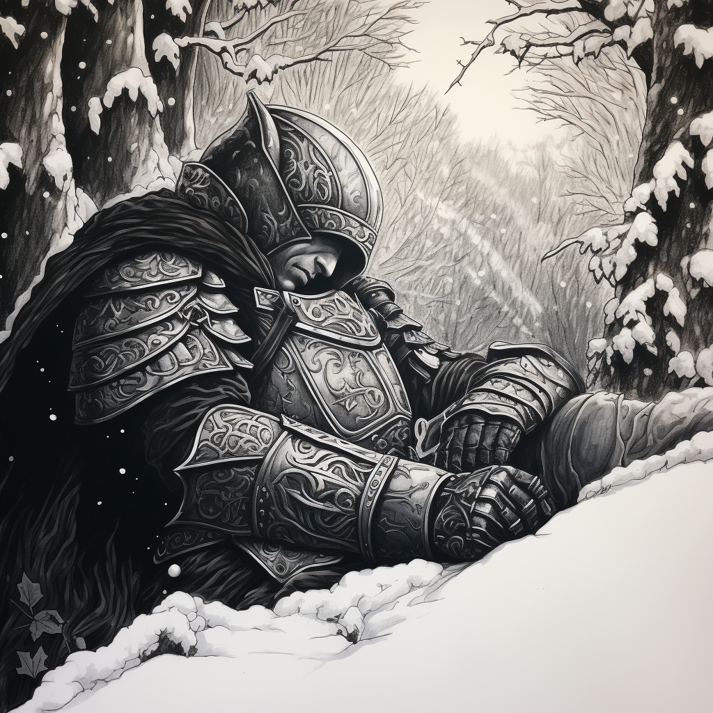 Peaceful knight sleeping in snow