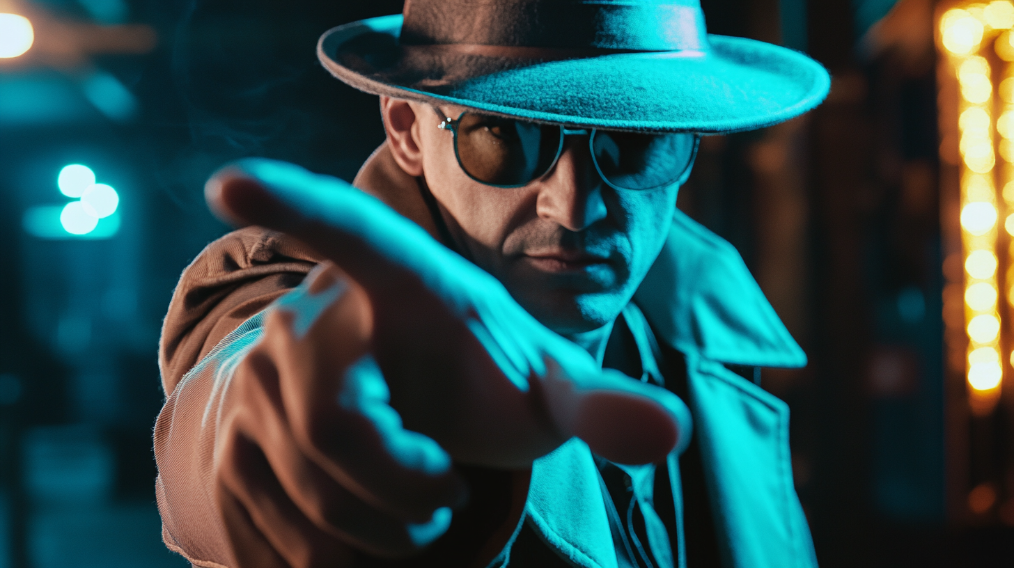 80s detective beckons with hand gesture in video.