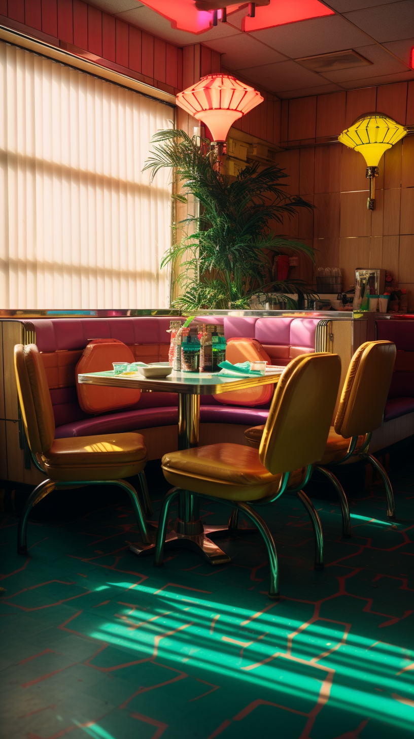 Retro 80s dining room with vibrant patterns and neon lights