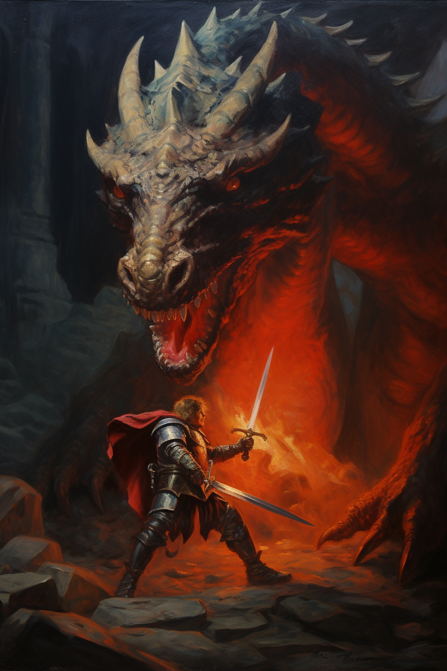 Knight fights dragon in 80s oil painting