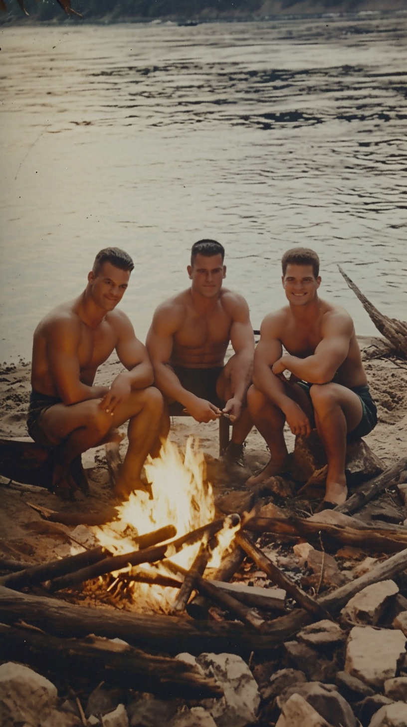 Attractive men at 80s river bonfire