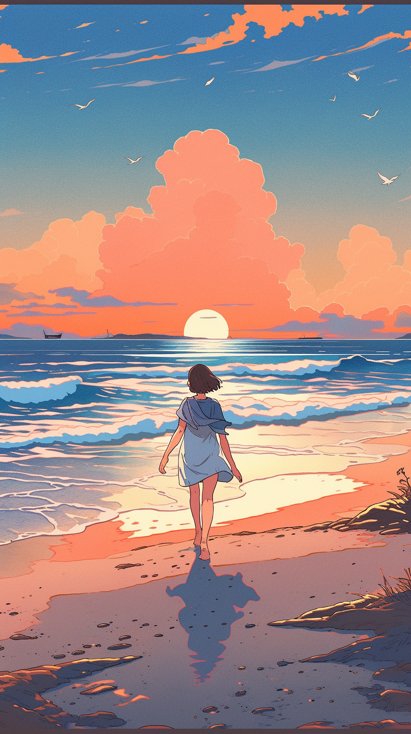 80s Retro Anime Fantasy Girl Walking on Beach at Sunset