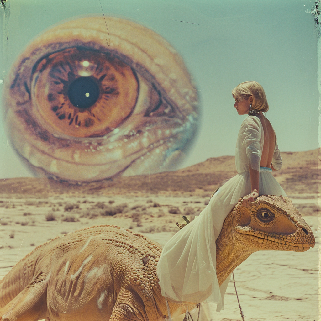 Retrofuturistic dinosaur desert eye in pastel tones