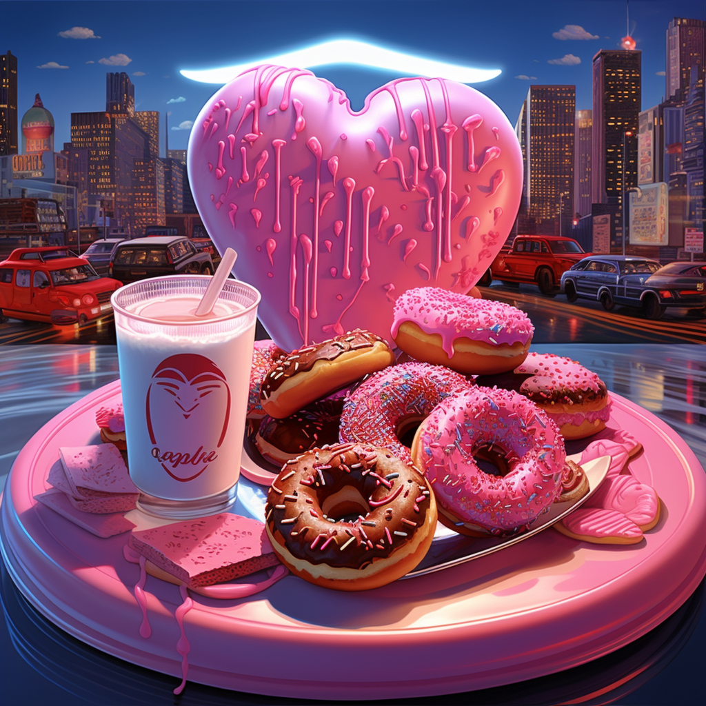 Vibrant 80s Romantic Scene with Neon Donuts and Hearts