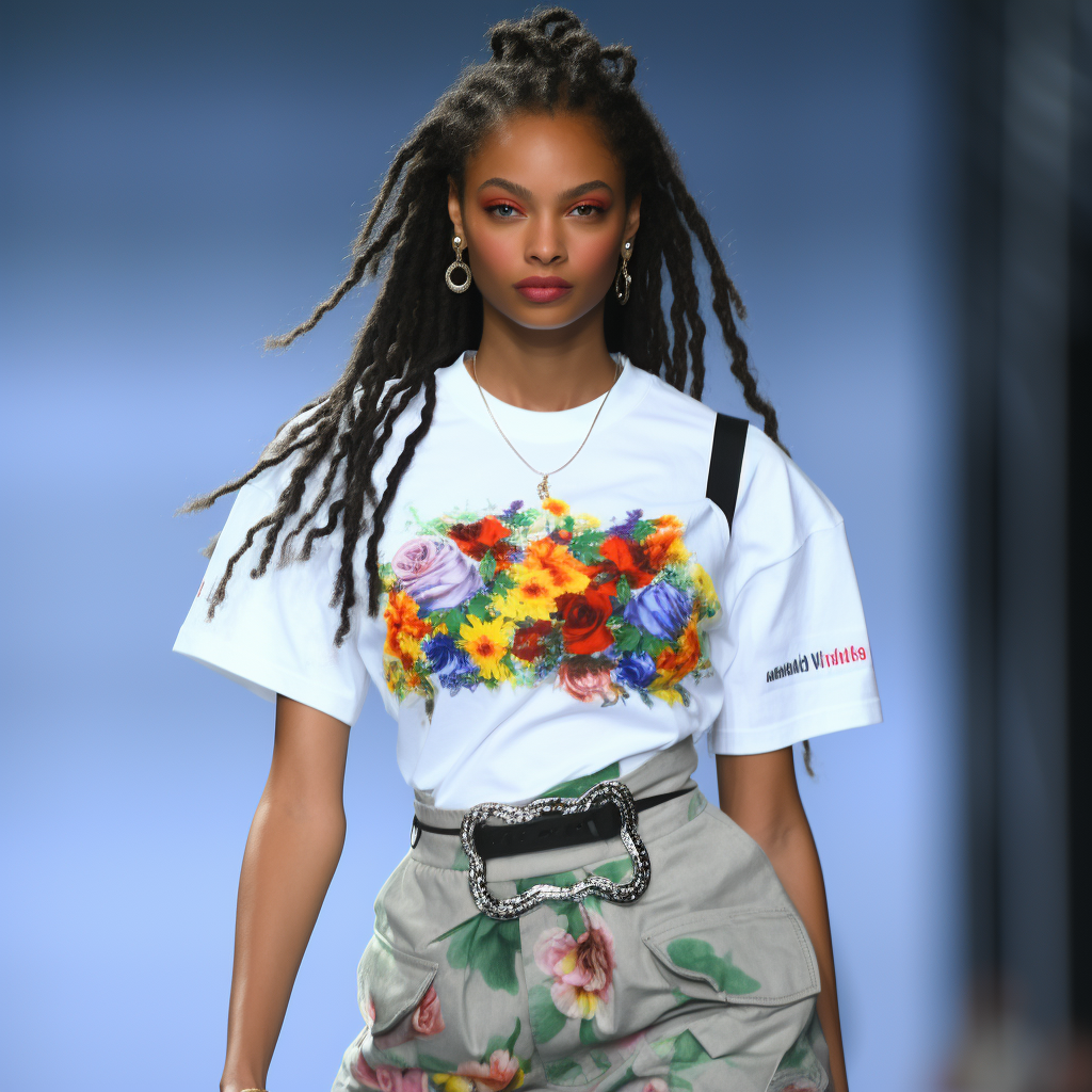 White T-shirt with 80s Sportswear Style and Colorful Flowers