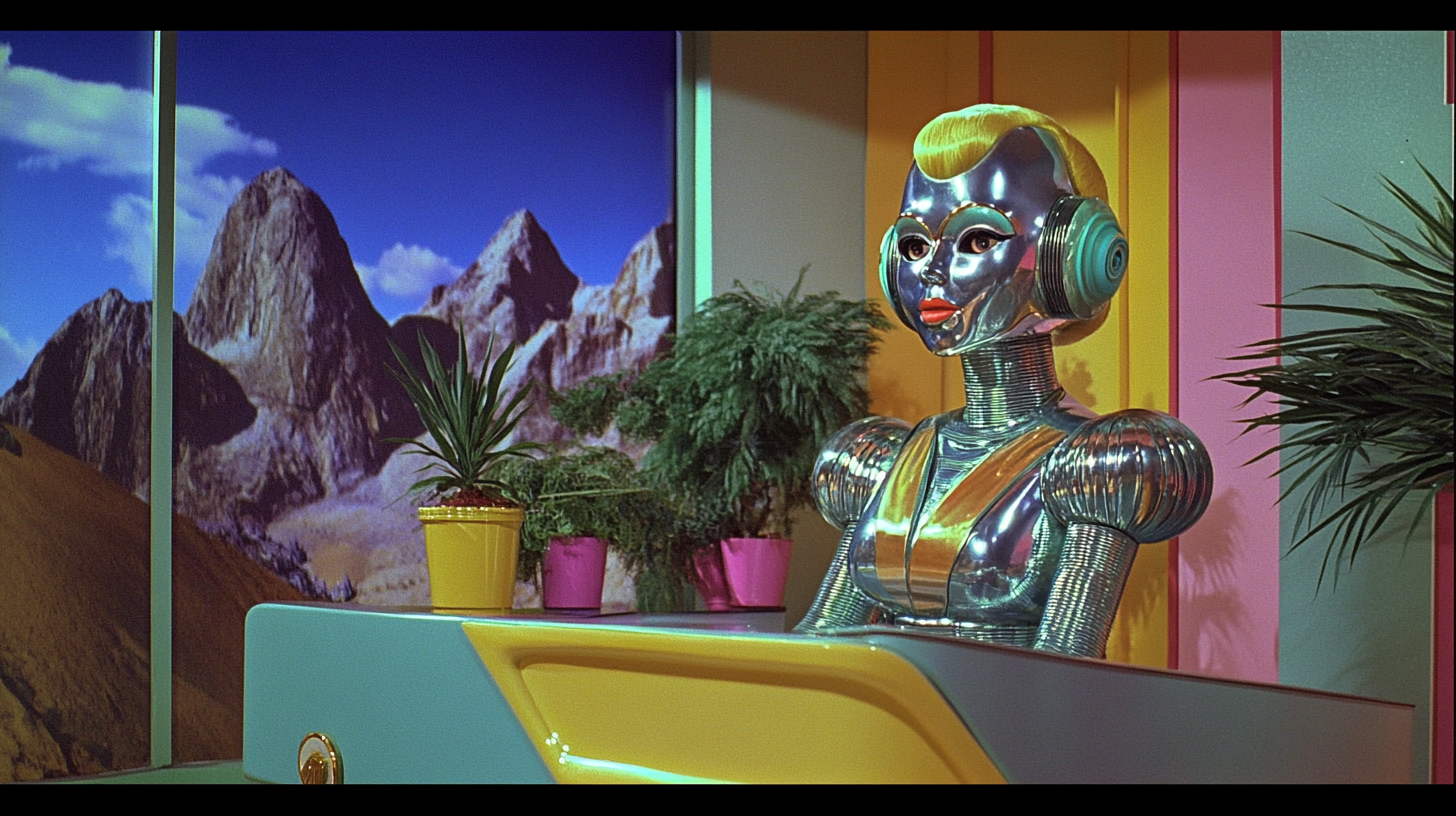 80s style chrome robot televangelist with Dolly Parton wig.