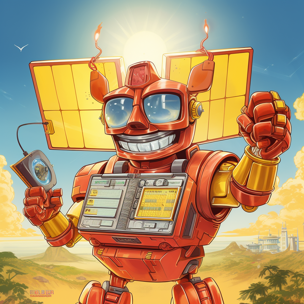 Yellow and Red Robot Holding Solar Panel