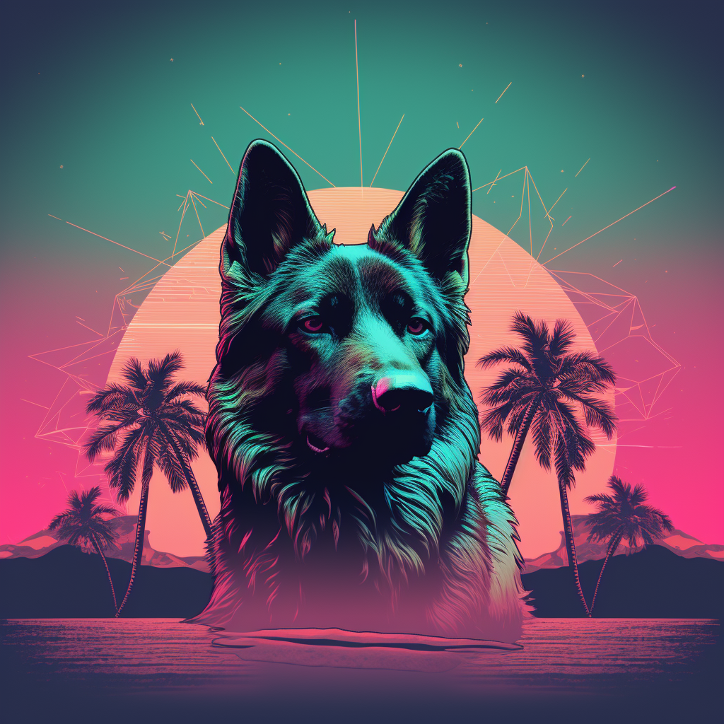 Stylish German Shepherd Dog in 80s Vaporwave Style