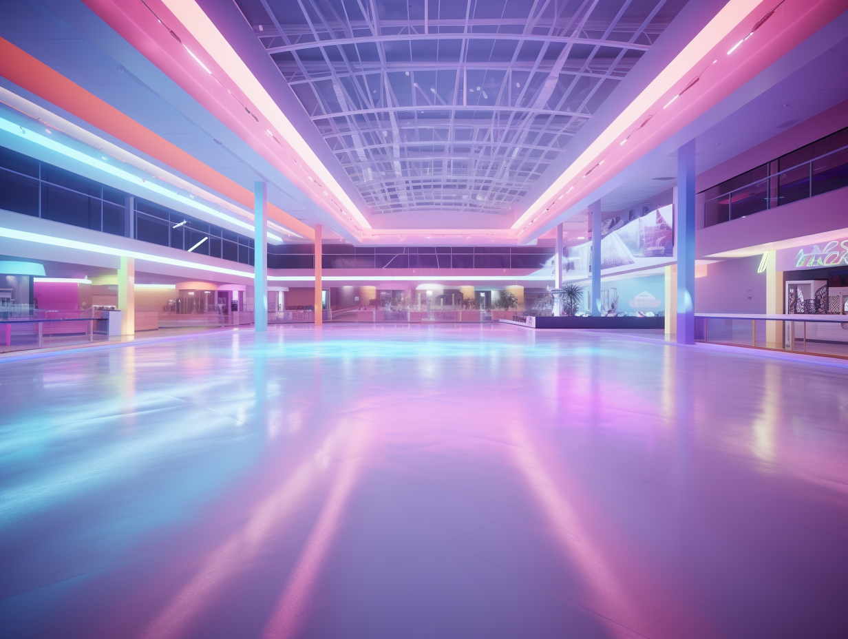 Ice skaters enjoying 80s mall atmosphere