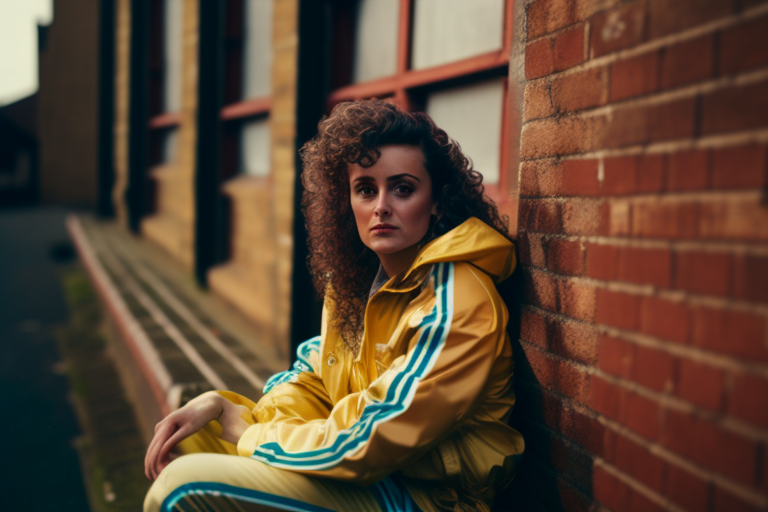 Woman in 80s shell suit on terrace