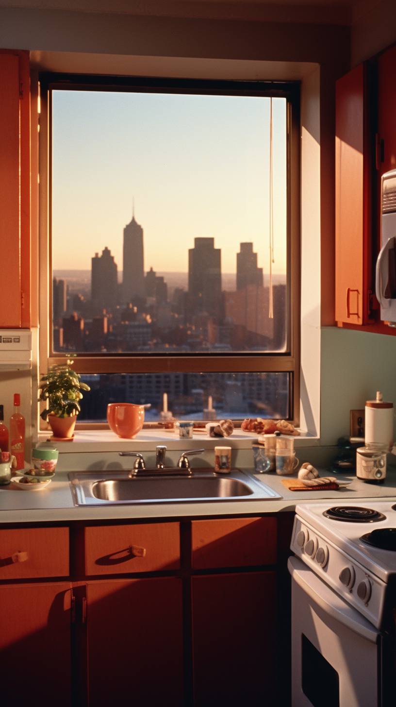 Retro 80s NYC Apartment Kitchen with City View