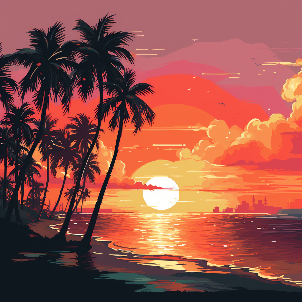 Colorful 8bit beach and palm trees in the sunset