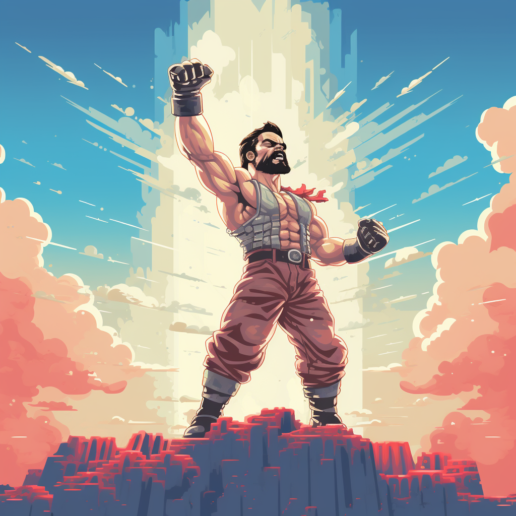 8bit fighter with giant fist in the air