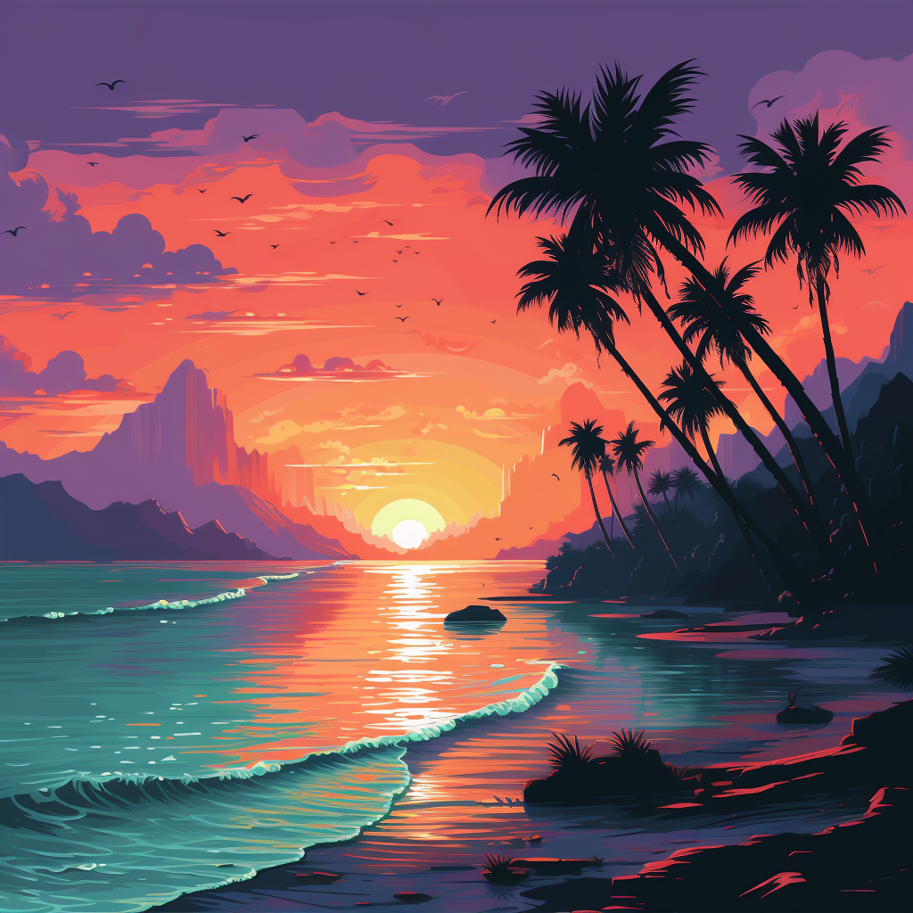 Colorful scene of 8-bit beach and palm trees