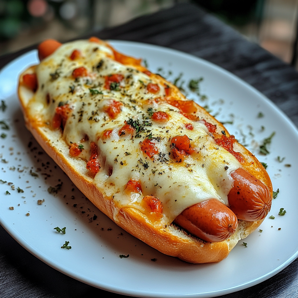 8k image of mozzarella hotdog with garnish in plate.