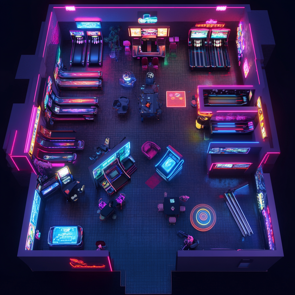 90s Retro Arcade Nightclub Floorplan with Neon Lighting