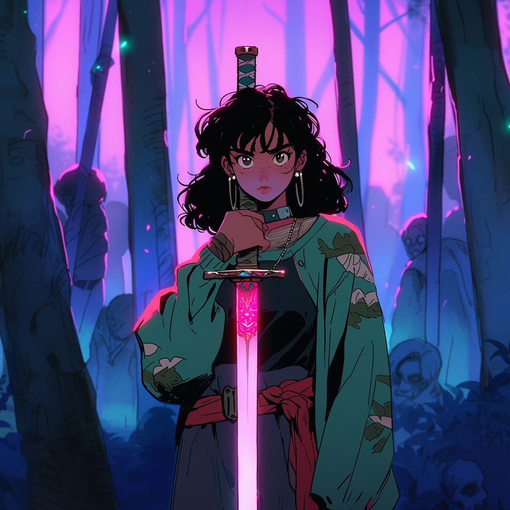 Anime girl with a detailed sword in a forest