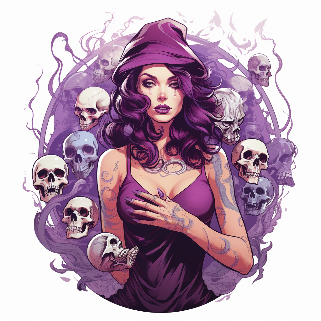 Wizard holding human skull in purple dress