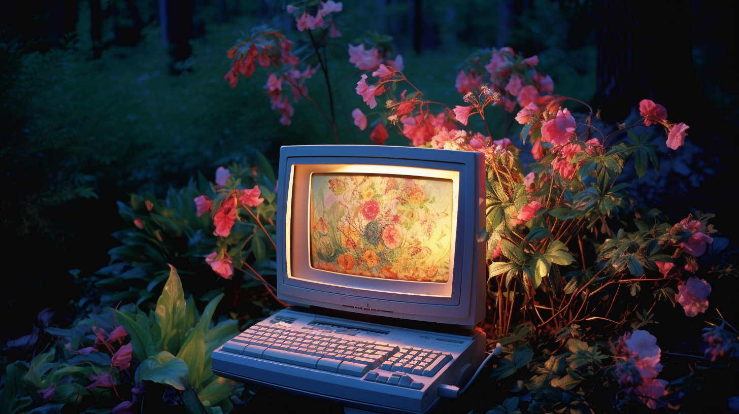 Colorful flowers growing from a 90's computer