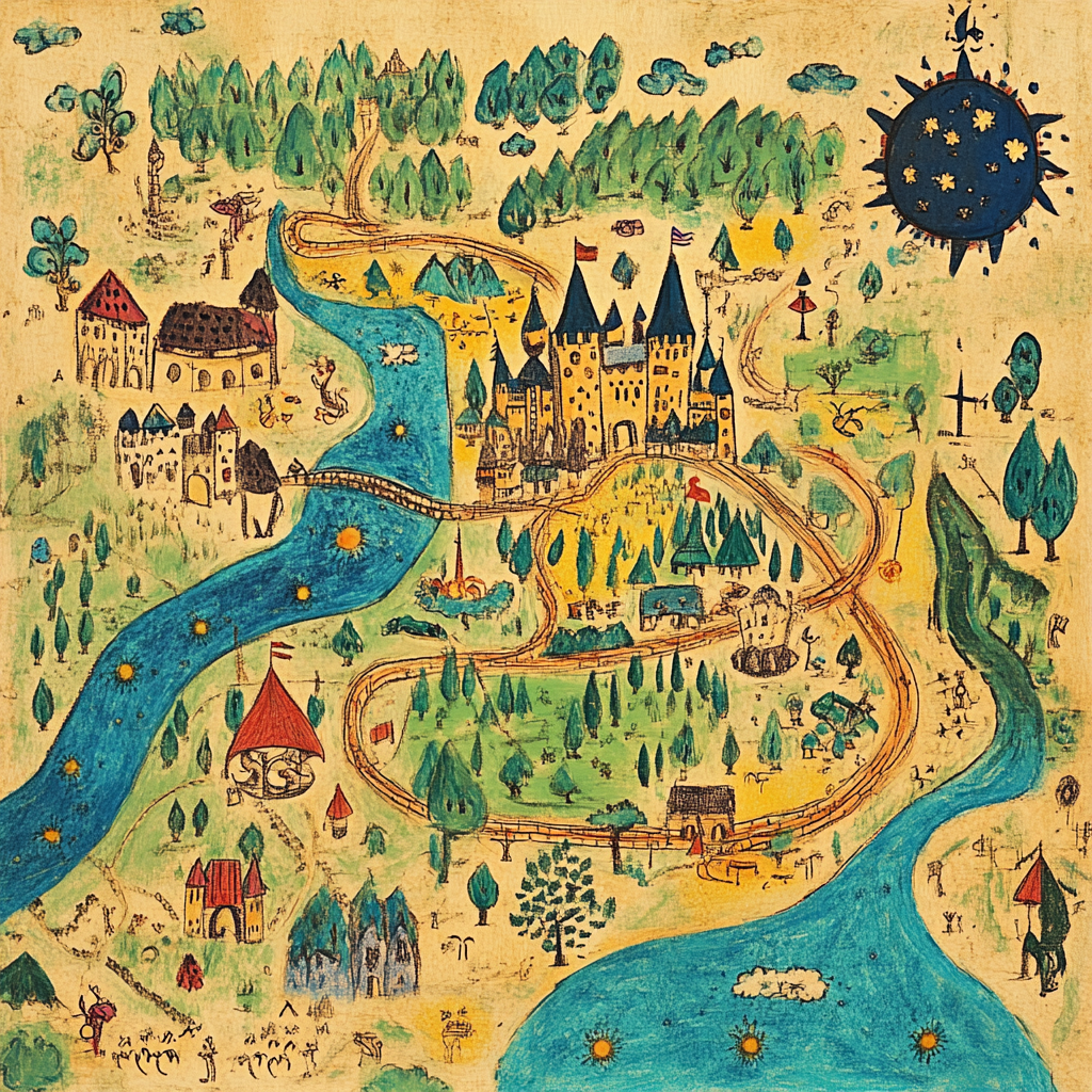 A 12-year-old's magical map with castle and creatures.