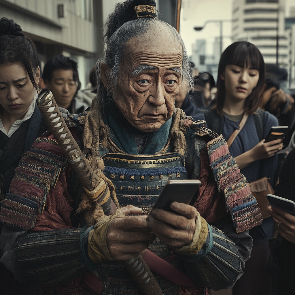 A 120-year-old samurai in disbelief at modern technology.