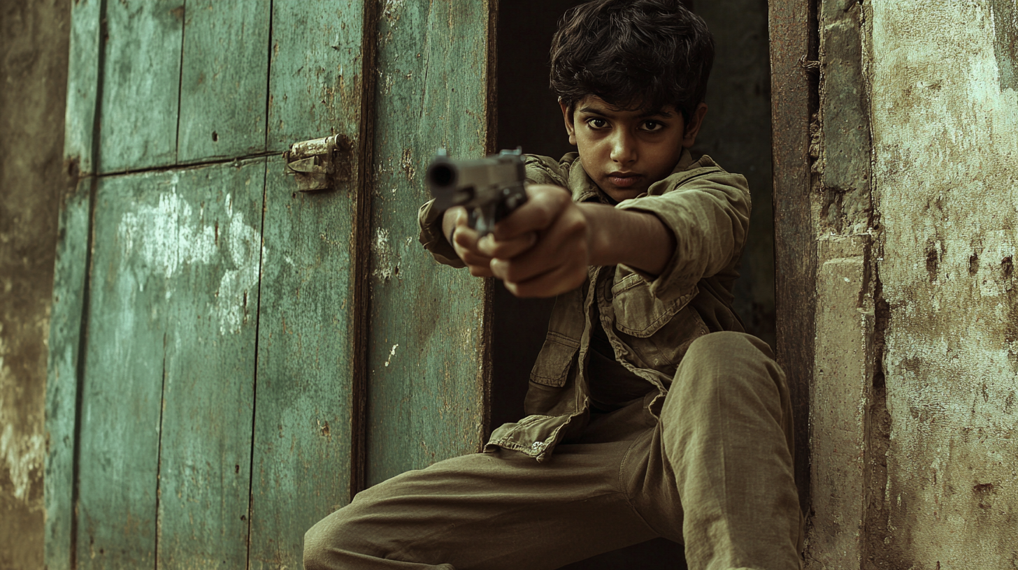 A 13-Year-Old South Indian Boy Aiming Gun