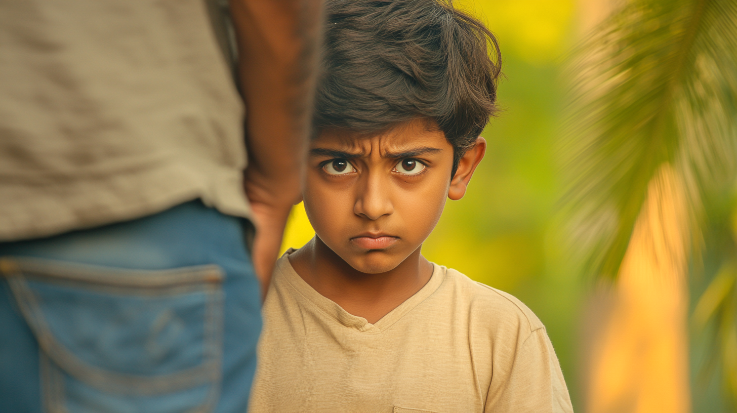 A 13-year-old South Indian boy hides behind someone.