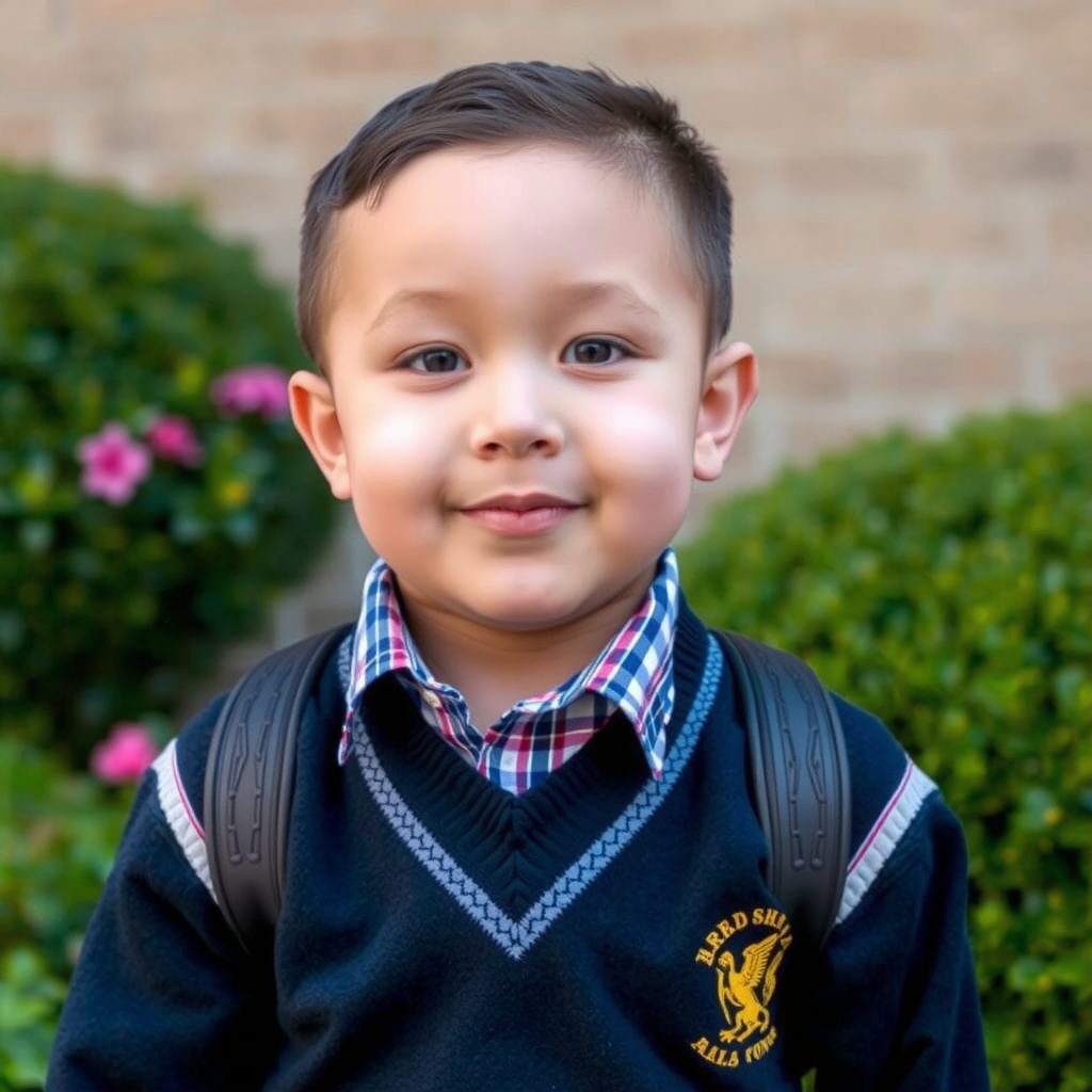 A 13-year-old boy in school uniform.