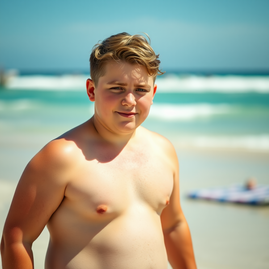 A 13-year-old chubby boy in a speedo on the beach