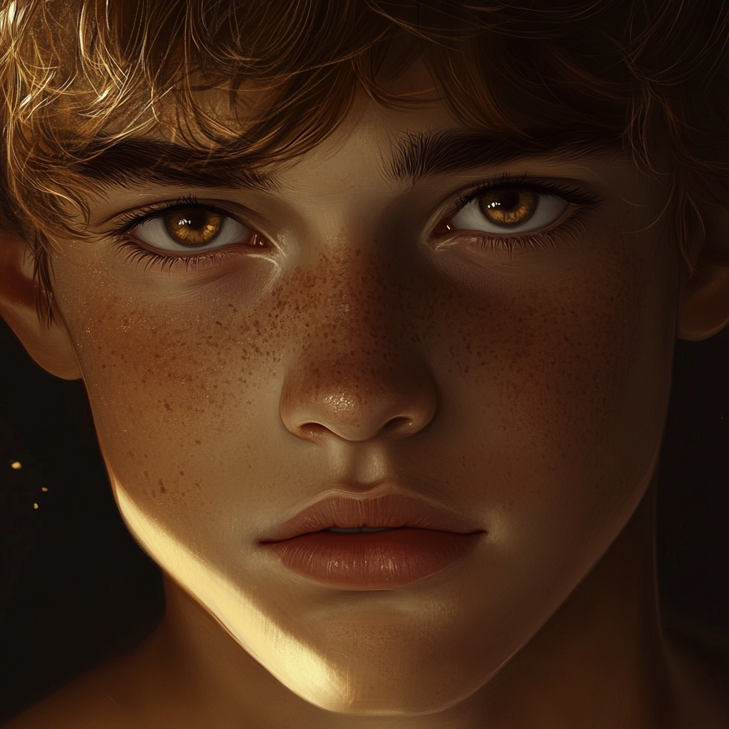 A 14-year-old boy with freckles and curly hair