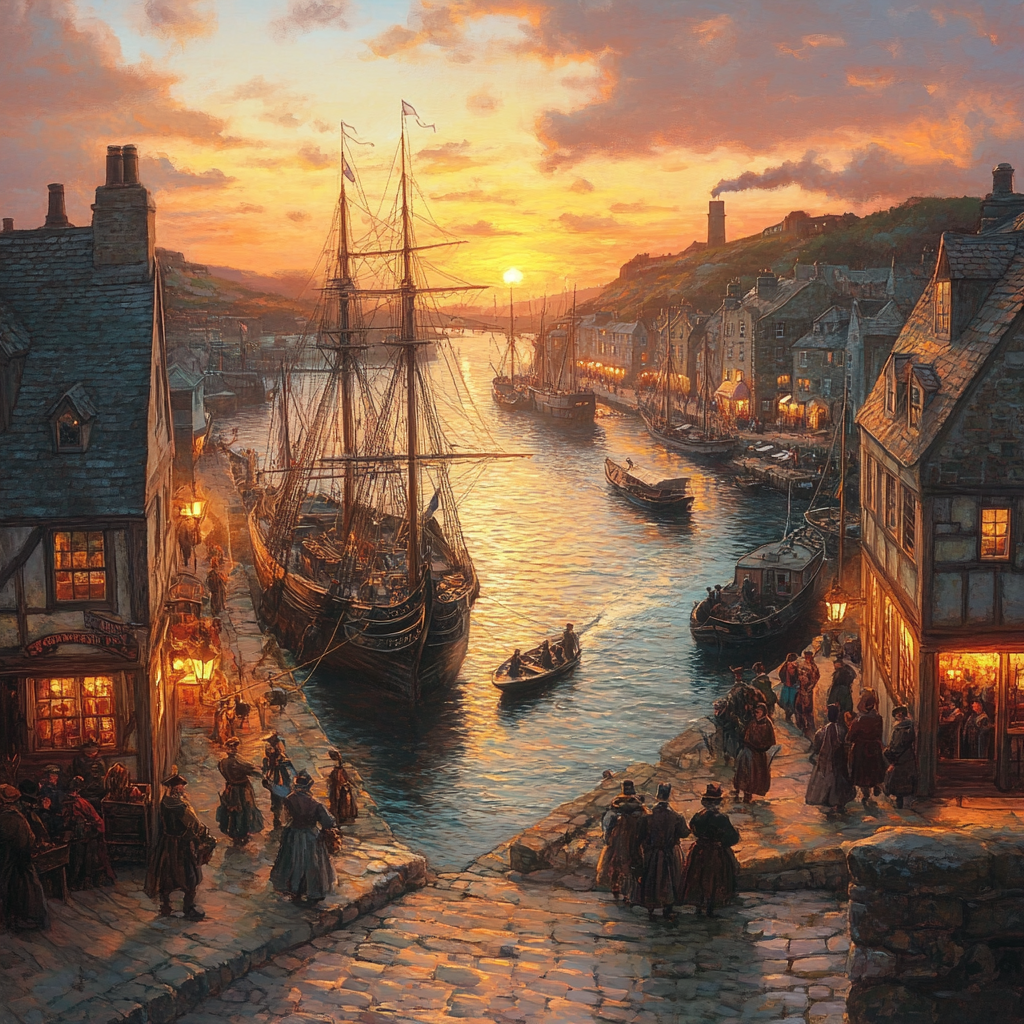 A 18th Century Cornish Harbor Scene at Sunset