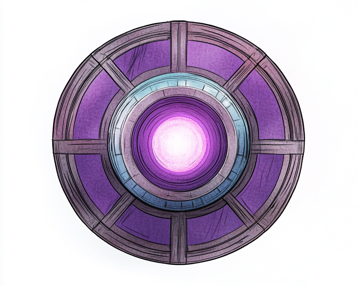 A 1970's style comic: Purple metal shield with core.