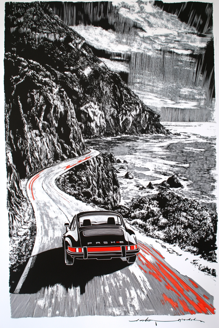 A 1970 Porsche 911 Coastal Drive Woodblock Print.