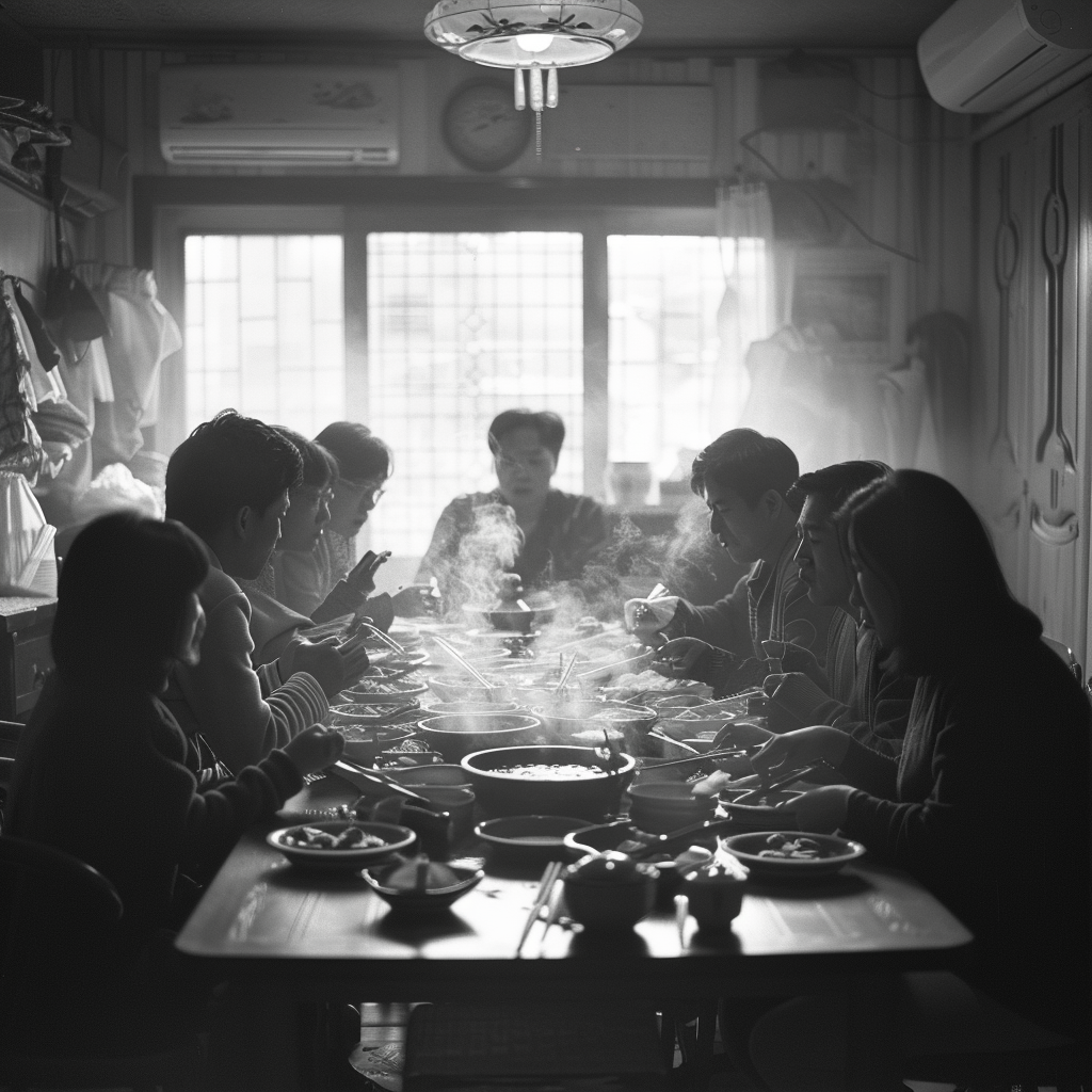 A 1990s Korean family enjoying dinner together