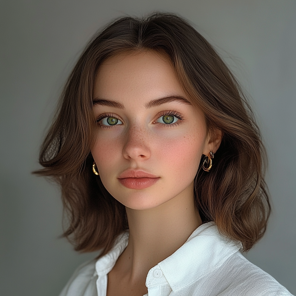 A 20-year-old girl with green eyes and gold earrings.