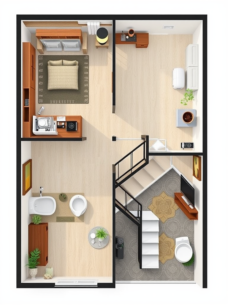 A 2D Plan for 2BHK House with Staircase
