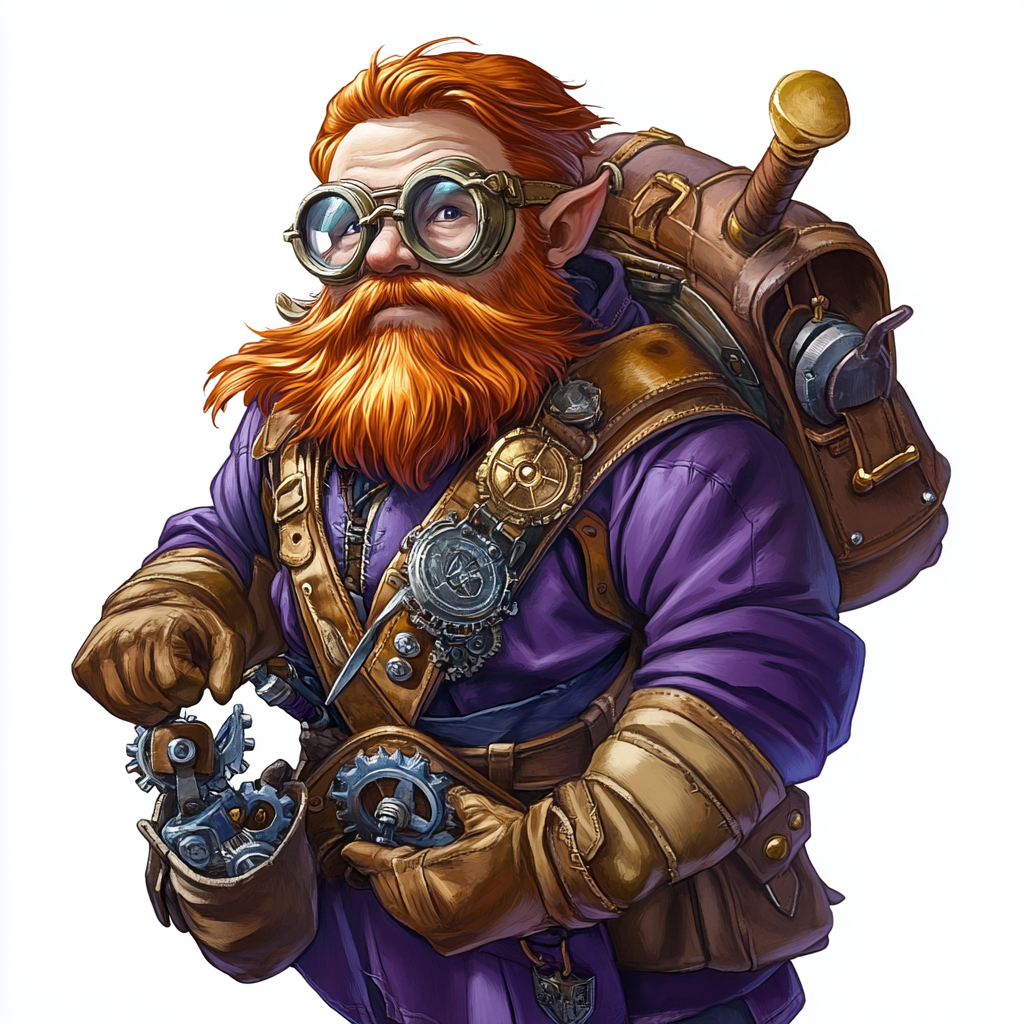 A 35-year-old gnome wizard with red hair and gear-filled bag, wearing purple tunic.