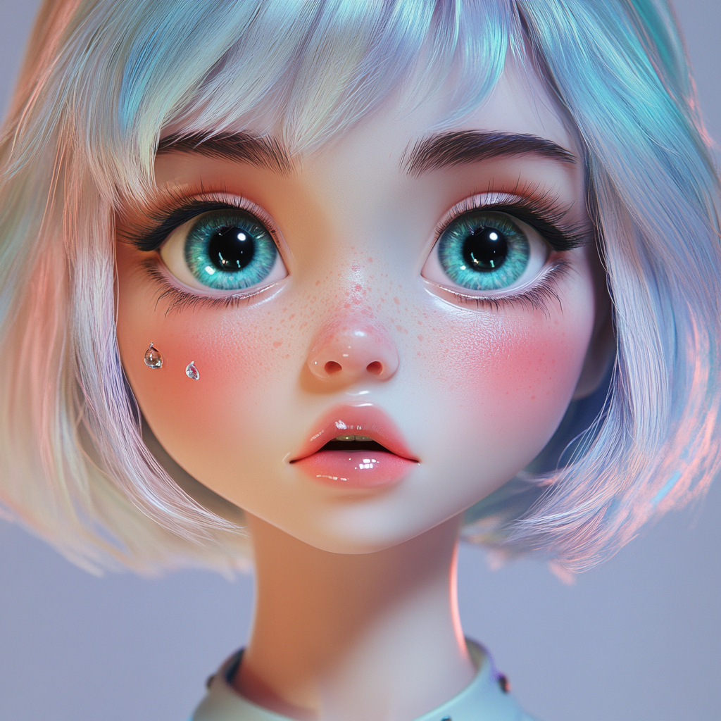 A 3D character portrait with glossy eyes and soft skin.