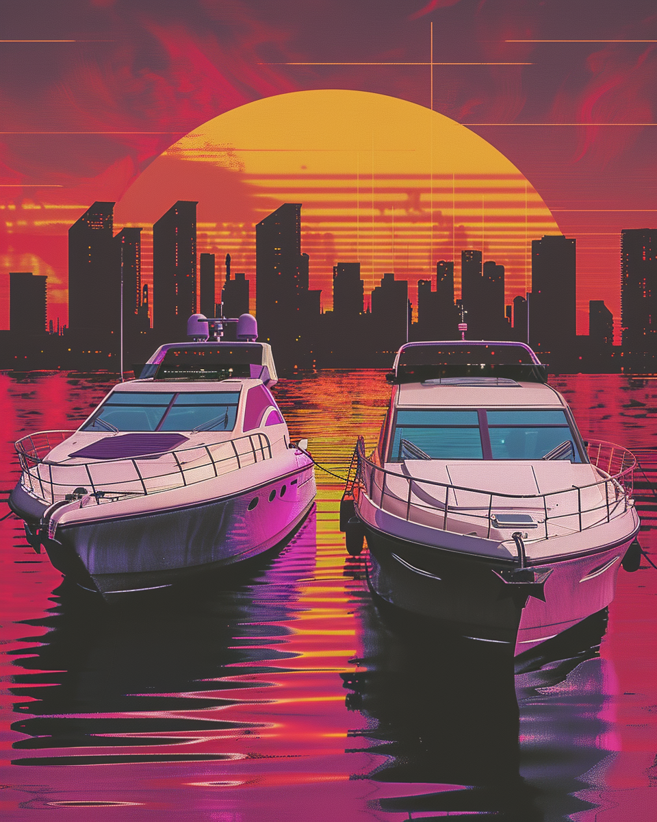 A 80's themed wallpaper with boats and skyline