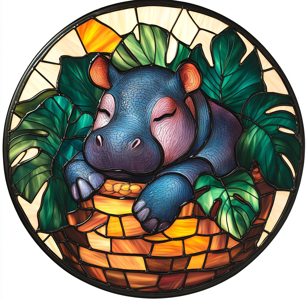 A Baby Hippo Sleeping in Leafy Basket Ornament