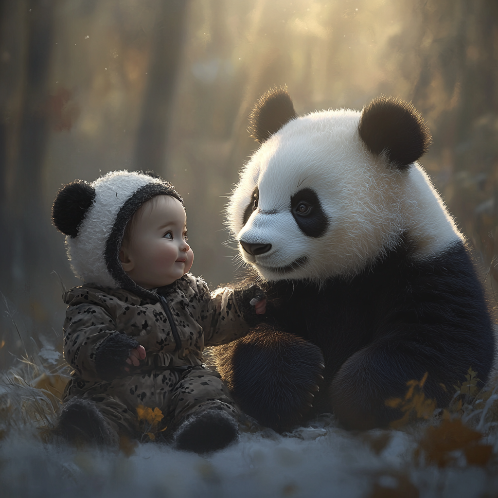 A Baby and Panda in Matching Outfits Bonding