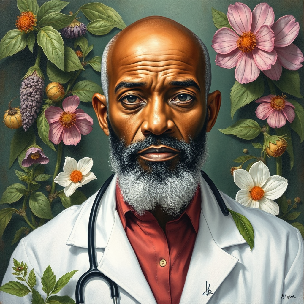 A Bald Dr. Sebi Surrounded by Medical Herbs